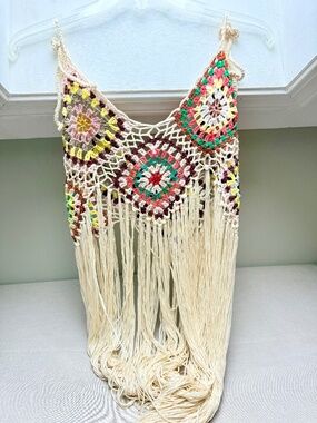 Boho Crochet Fringed Tank Top Bathing Suit Coverup Retro Festival Vibe